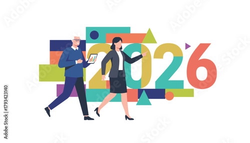 Professionals planning 2026 goals walking forward with data on a tablet Annual strategy concept