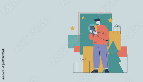Man uses tablet for digital holiday shopping surrounded by abstract Christmas gifts and stars