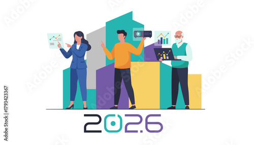 Team collaborating on 2026 business strategy using charts analytics and projections Financial growth