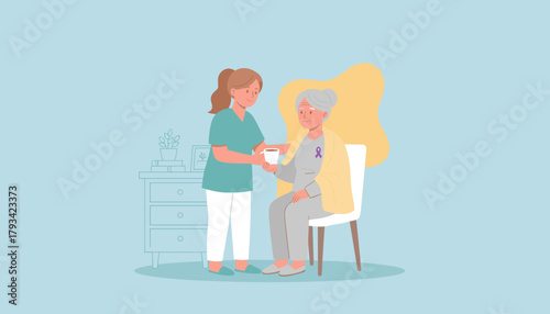Professional caregiver assists senior woman with a warm drink illustrating home healthcare support