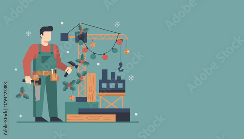 Christmas construction Builder decorating tower crane with holly and lights on winter site