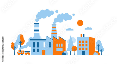 Modern flat design of industrial cityscape with factories pollution and transport