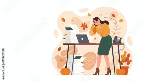 Stressed businesswoman overwhelmed by massive autumn office workload and deadlines