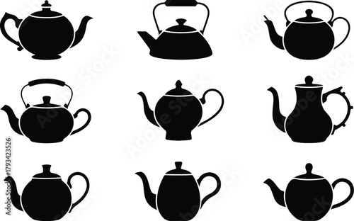 Teapot Icon Set  Classic and Modern Tea Kettle Silhouette Collection Teapot and Teacup Icons  Kitchen, Café, and Beverage Vector Set