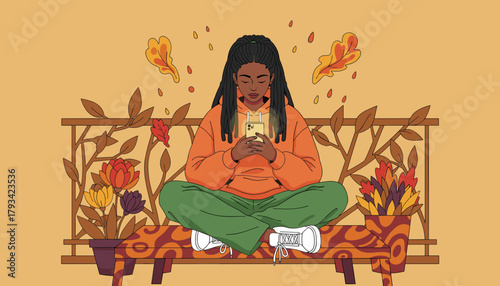 Autumn digital connection Woman uses glowing phone while relaxing on a patio bench