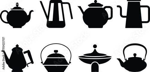 Teapot Icon Set  Classic and Modern Tea Kettle Silhouette Collection Teapot and Teacup Icons  Kitchen, Café, and Beverage Vector Set