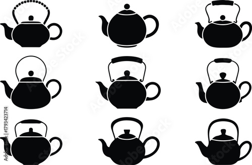 Teapot Icon Set  Classic and Modern Tea Kettle Silhouette Collection Teapot and Teacup Icons  Kitchen, Café, and Beverage Vector Set