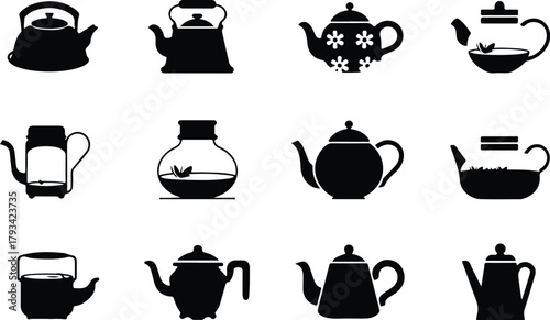 Teapot Icon Set  Classic and Modern Tea Kettle Silhouette Collection Teapot and Teacup Icons  Kitchen, Café, and Beverage Vector Set