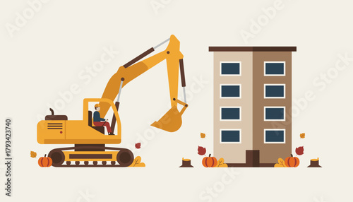 Construction worker operates an excavator next to a building on an autumn demolition site Vector art