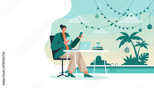 Woman working on vacation by a pool with holiday lights and palm trees