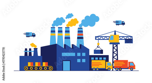 Flat vector illustration of a factory production line delivery trucks and industrial crane