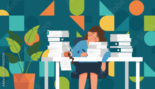 Stressed employee buried in documents sleeping at desk Burnout heavy workload and deadlines
