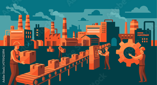 Workers handle logistics and manufacturing in a vibrant industrial factory setting
