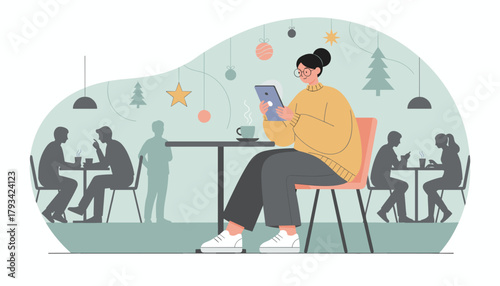 Woman working remotely on a tablet in a cozy decorated winter cafe Digital connection and leisure