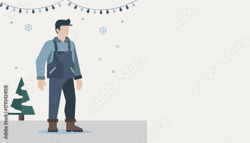 Winter worker standing outdoors in snow with Christmas lights and tree Flat vector illustration
