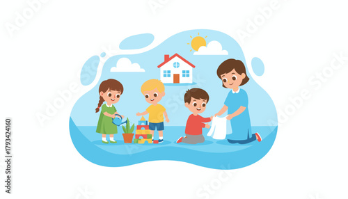 Happy kids learning life skills playing gardening and helping with chores