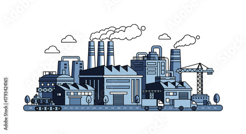 Blue industrial city skyline illustration Factories crane and smokestacks symbolize production and power
