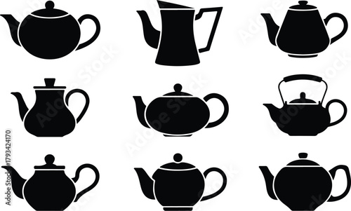 Teapot Icon Set  Classic and Modern Tea Kettle Silhouette Collection Teapot and Teacup Icons  Kitchen, Café, and Beverage Vector Set