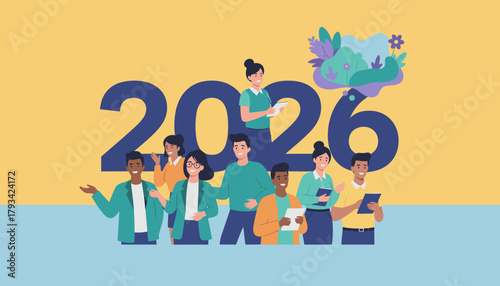 Collaborative team looks forward to 2026 Business future planning growth and environment concept