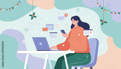 Happy woman remote working with laptop and phone managing digital tasks in a cozy winter illustration