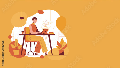 Freelance woman working on laptop at desk in a modern organized home office