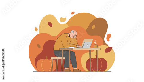 Tired senior man sleeping at desk with laptop Autumnal work exhaustion and seasonal burnout