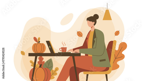 Cozy autumn remote work setup Woman freelancer working on laptop with pumpkins