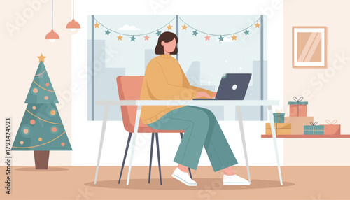 Working remotely during the holidays Woman uses laptop in a modern festive home office setting