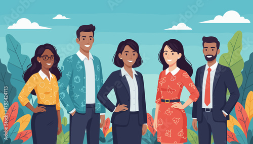 Diverse team of professional colleagues smiling outdoors among vibrant foliage Collaboration concept