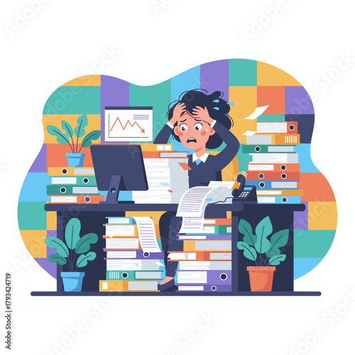 Overloaded employee panics buried under excessive paperwork and sinking deadlines