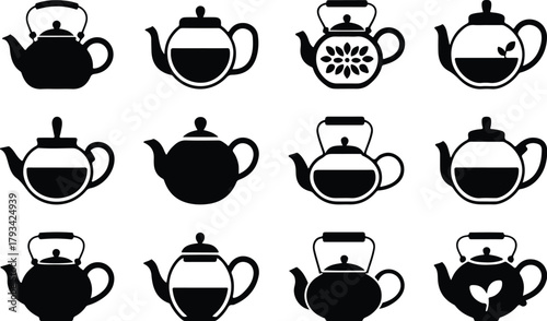 Teapot Icon Set  Classic and Modern Tea Kettle Silhouette Collection Teapot and Teacup Icons  Kitchen, Café, and Beverage Vector Set