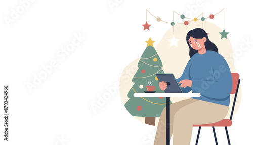 Holiday blues Upset woman crying while looking at tablet near Christmas tree
