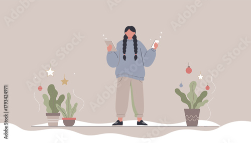 Girl comparing tablet and smartphone multitasking in cozy winter home illustration
