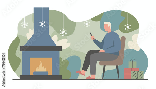 Elderly man relaxing by fireplace using smartphone in a cozy holiday setting