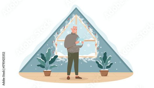 Smiling senior uses tablet in cozy attic room decorated for winter holidays