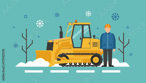 Snow plow vehicle and worker Heavy machinery clearing a winter road Flat design illustration