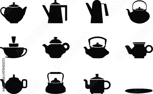 Teapot Icon Set  Classic and Modern Tea Kettle Silhouette Collection Teapot and Teacup Icons  Kitchen, Café, and Beverage Vector Set