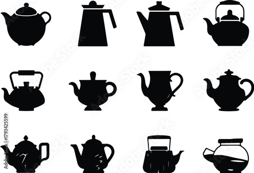 Teapot Icon Set  Classic and Modern Tea Kettle Silhouette Collection Teapot and Teacup Icons  Kitchen, Café, and Beverage Vector Set