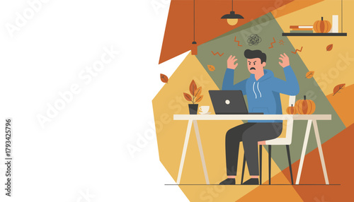 Angry man frustrated with work stress and deadlines at his autumn home office desk