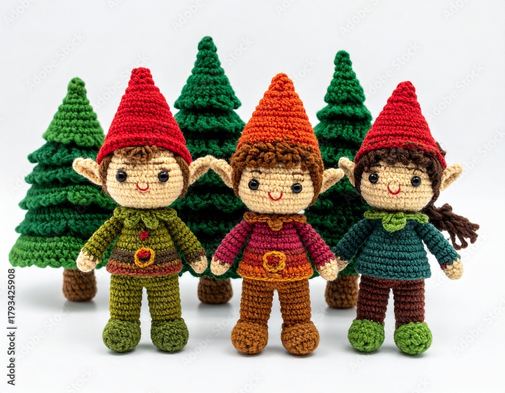 Fototapeta premium Petits lutins réalisés au crochet, isolés sur fond blanc. Generated Image.