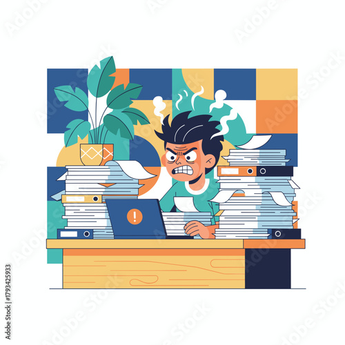 Stressed worker overwhelmed by huge stacks of paperwork and computer errors in the office