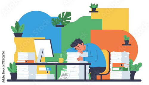 Overworked man buried under huge paper stacks Business stress and workload concept