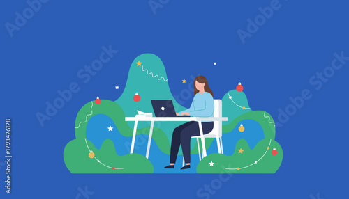Festive remote worker using laptop blending holiday celebration and modern business productivity