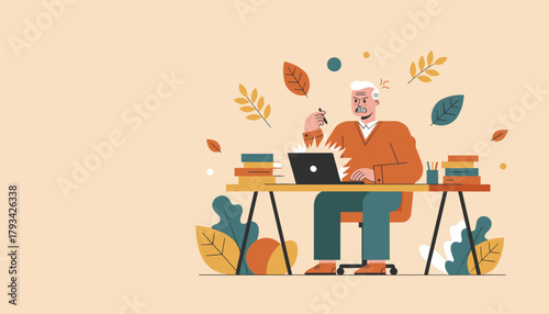 Stressed older man overwhelmed by work or technical issues at his desk Frustration concept