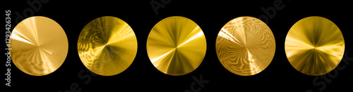 Five Brushed Metal Discs with Radial Texture. Сollection of  gold holographic  stickers. 