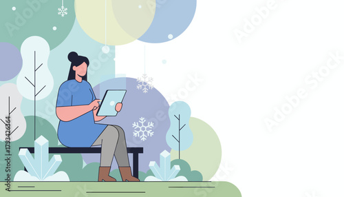 Digital nomad works on tablet outside in winter park setting Modern vector illustration with copy space