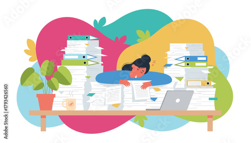 Burnout concept Woman asleep on desk amidst huge piles of folders and documents