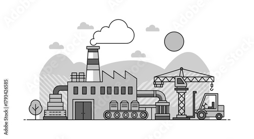 Monochrome factory illustration showing industrial production crane forklift and smokestack pollution