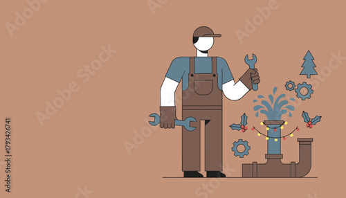 Plumber fixing a burst pipe decorated for Christmas Holiday maintenance and repair services illustration