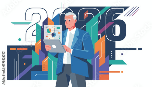 Businessman analyzes future trends for 2026 using technology and data visualization